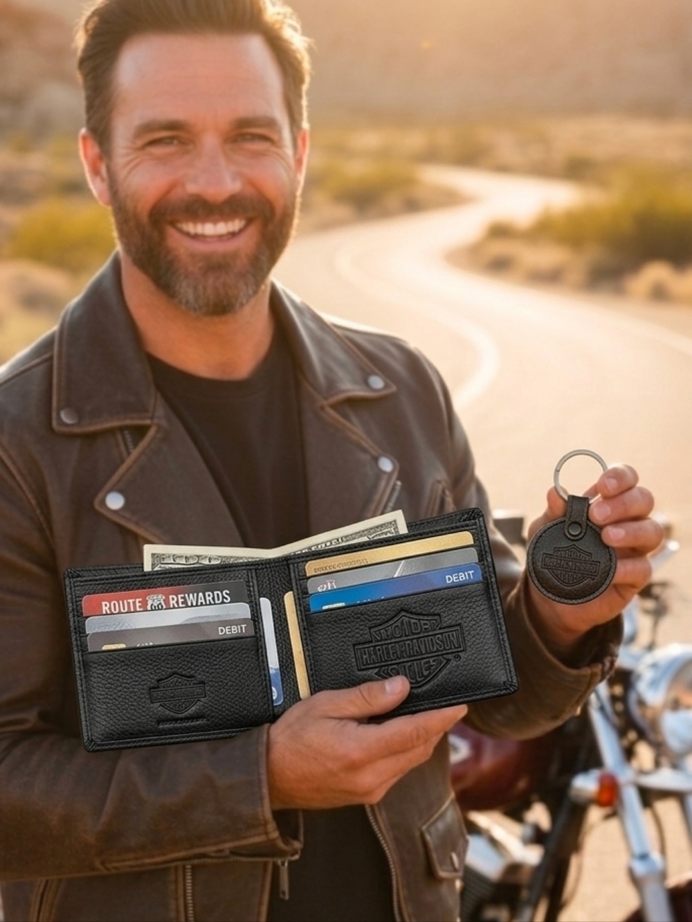 Harley-Davidson Men's Boxed Leather Billfold Wallet & Key Fob Set - Black NWT